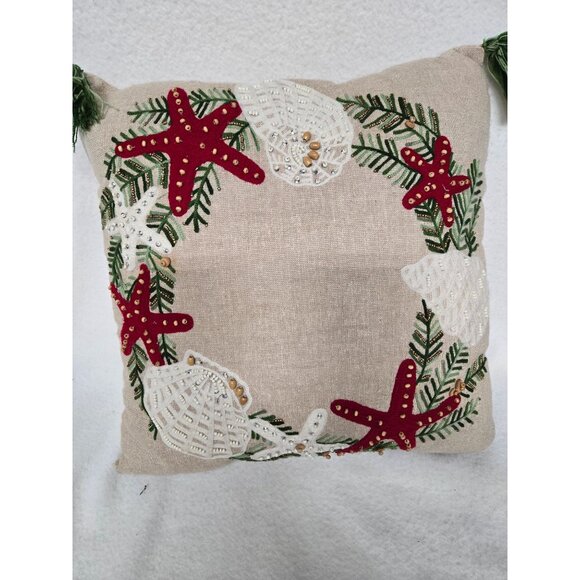 Coastal-Themed Embroidered Linen Throw Pillow with Tassels & Shell Design - Picture 10 of 10